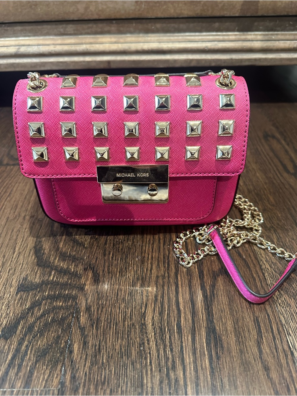 Michael Kors Hot Pink Studded Crossbody with Gold Chain